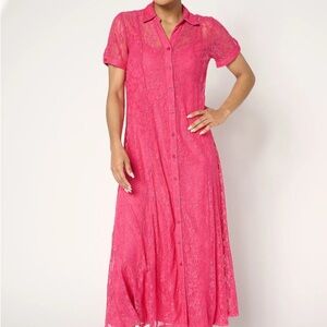 Susan Graver Petite Stretch Lace Button Front Midi Dress